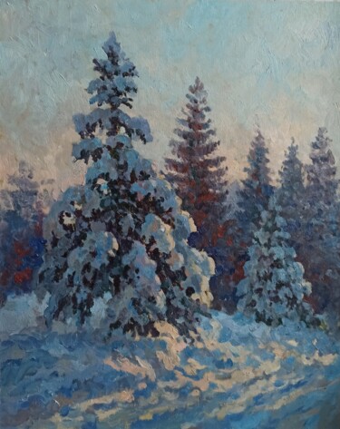 Peinture intitulée "Freezing day, spruc…" par Olga Goryunova, Œuvre d'art originale, Huile
