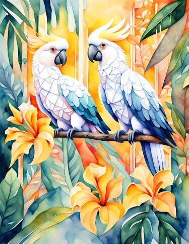 Artes digitais intitulada "Cockatoo Love" por Danta Albers, Obras de arte originais, Aquarela