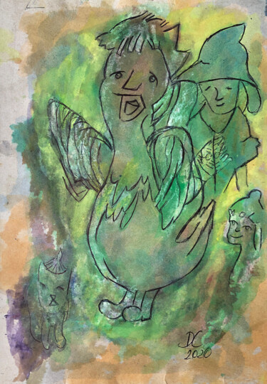 Drawing titled "Zielony ptaszek" by Danuta Elzbieta Czyzyk, Original Artwork, Watercolor