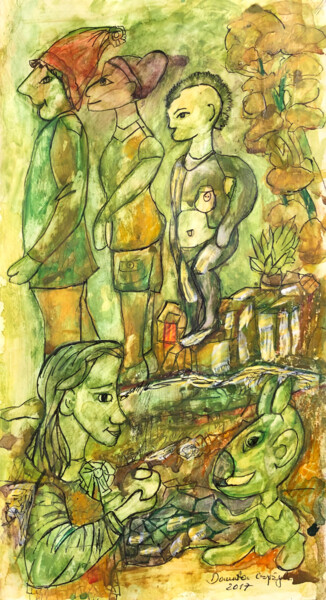 Rysunek zatytułowany „W kolejce” autorstwa Danuta Elzbieta Czyzyk, Oryginalna praca, Akwarela