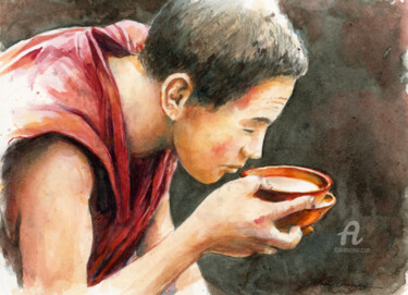 Pintura intitulada "Le bol de thé" por Dany Charrier, Obras de arte originais, Aquarela