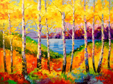 Painting titled "Birch trees" by Olha, Original Artwork, Oil