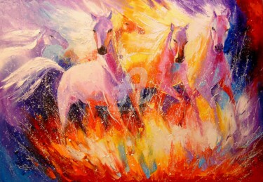 Painting titled "Fire horse" by Olha, Original Artwork, Oil Mounted on Wood Stretcher frame
