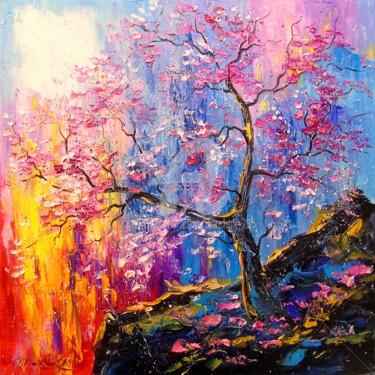 Schilderij getiteld "Cherry blossom" door Olha, Origineel Kunstwerk, Olie