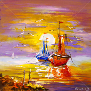 Картина под названием "Sailboats anchored" - Olha, Подлинное произведение искусства, Акрил