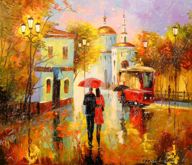 Painting titled "Autumn rain in the…" by Olha, Original Artwork, Oil