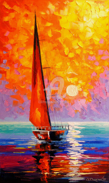 Pittura intitolato "Sailboat at dawn" da Olha, Opera d'arte originale, Olio
