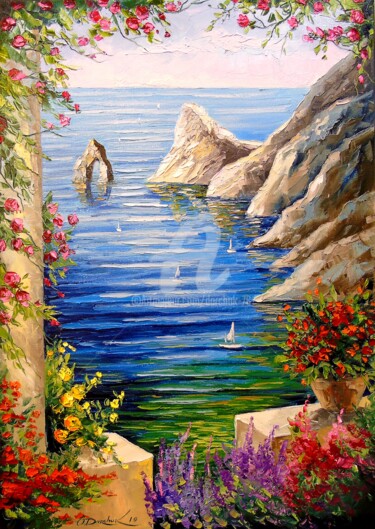 Painting titled "View  of  the  rocks" by Olha, Original Artwork, Oil