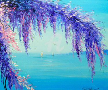 Painting titled "Wisteria by the sea" by Olha, Original Artwork, Oil
