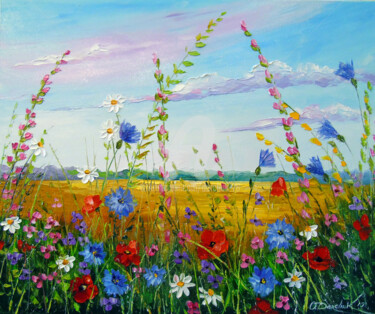 Painting titled "Field in summer flo…" by Olha, Original Artwork, Oil