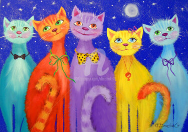 Malerei mit dem Titel "Smiling cats" von Olha, Original-Kunstwerk, Öl