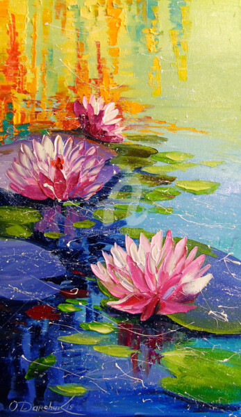 Painting titled "Pond and Lily" by Olha, Original Artwork, Oil