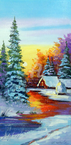 Painting titled "Winter dawn" by Olha, Original Artwork, Oil
