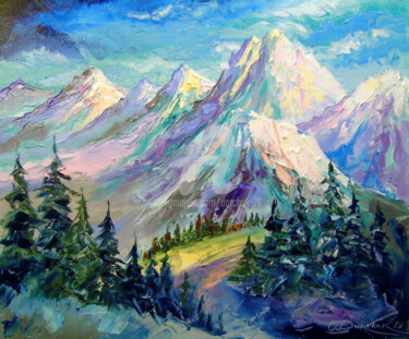 Painting titled "Snowy mountains" by Olha, Original Artwork, Oil