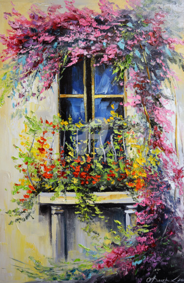 Malerei mit dem Titel "Blooming balcony" von Olha, Original-Kunstwerk, Öl
