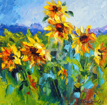 Картина под названием "Sunflowers and wind" - Olha, Подлинное произведение искусства, Масло Установлен на картон