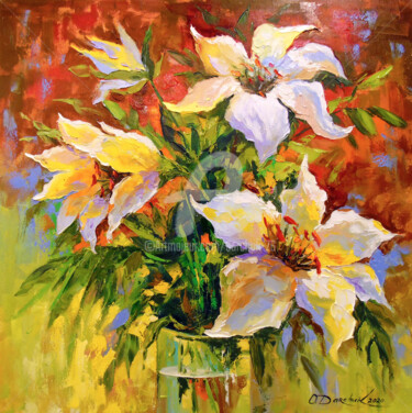 Painting titled "Bouquet of lilies" by Olha, Original Artwork, Oil Mounted on Wood Stretcher frame