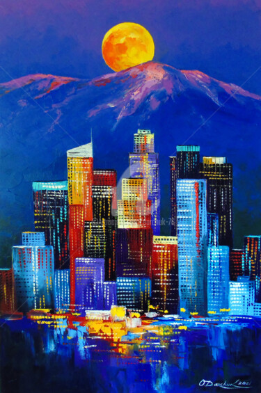 Painting titled "Night Los Angeles" by Olha, Original Artwork, Oil Mounted on Wood Stretcher frame
