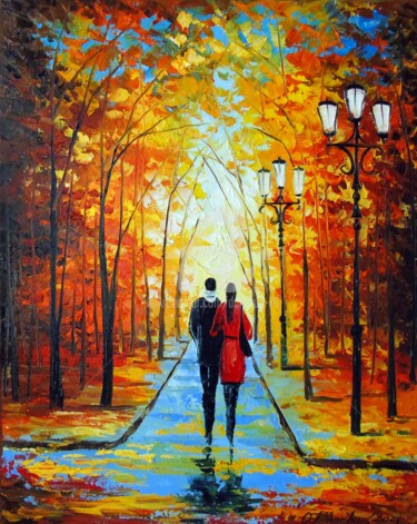 Schilderij getiteld "Autumn  walk in  th…" door Olha, Origineel Kunstwerk, Olie Gemonteerd op Frame voor houten brancard