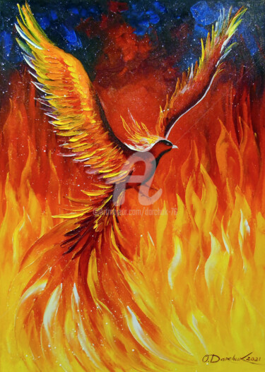 Painting titled "Phoenix bird" by Olha, Original Artwork, Oil Mounted on Wood Stretcher frame