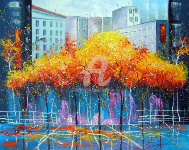 Painting titled "Autumn  in  Chicago" by Olha, Original Artwork, Oil Mounted on Wood Stretcher frame