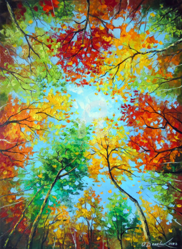 Schilderij getiteld "Autumn forest" door Olha, Origineel Kunstwerk, Olie Gemonteerd op Frame voor houten brancard