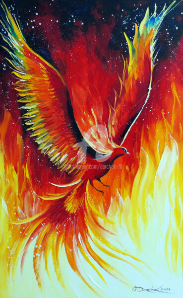 Painting titled "Phoenix   bird" by Olha, Original Artwork, Oil Mounted on Wood Stretcher frame