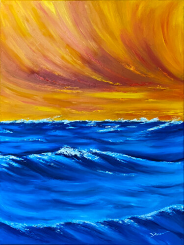 Painting titled "mare al tramonto" by Daria Ceppelli, Original Artwork, Oil Mounted on Wood Stretcher frame