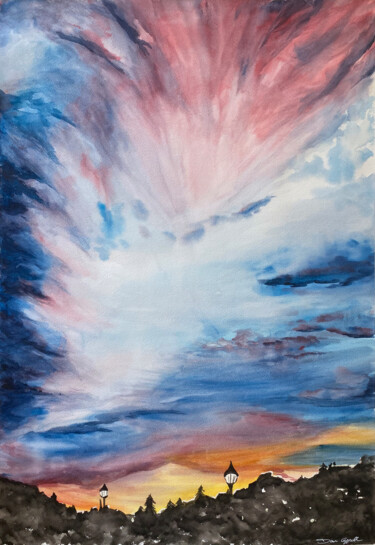 Painting titled "grande cielo, paesa…" by Daria Ceppelli, Original Artwork, Watercolor