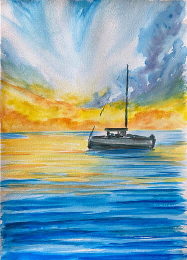 Pintura intitulada "Barca al tramonto" por Daria Ceppelli, Obras de arte originais, Aquarela