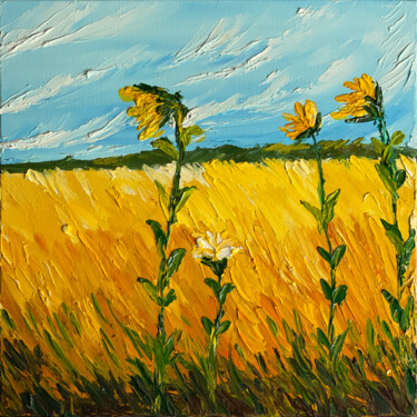 Painting titled "campo di girasoli" by Daria Ceppelli, Original Artwork, Oil Mounted on Wood Stretcher frame