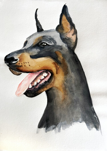 Painting titled "doberman" by Daria Ceppelli, Original Artwork, Watercolor