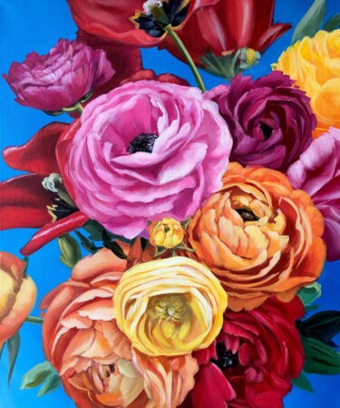 Painting titled "Riot of color/Flowe…" by Daria Dacron, Original Artwork, Acrylic Mounted on Wood Stretcher frame