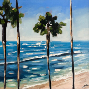 Painting titled "Seascape with Palm…" by Daria Gerasimova, Original Artwork, Oil Mounted on Wood Stretcher frame