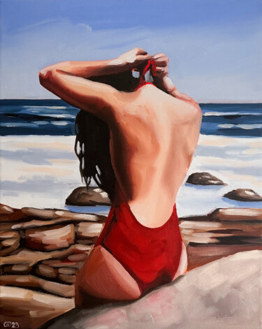Painting titled "Girl in a Red Swims…" by Daria Gerasimova, Original Artwork, Oil Mounted on Wood Stretcher frame