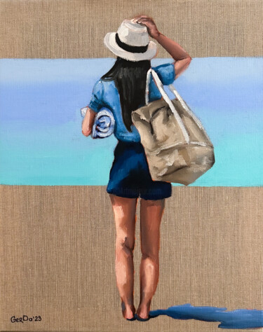 Painting titled "To the Beach - Woma…" by Daria Gerasimova, Original Artwork, Oil Mounted on Wood Stretcher frame