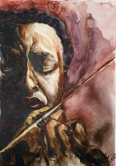 Pintura intitulada "2020-02-violinist" por Daria Kamishanova, Obras de arte originais, Aquarela