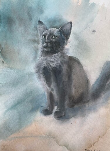 Pintura intitulada "Black kitten" por Daria Kamishanova, Obras de arte originais, Aquarela