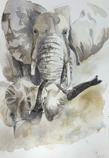 绘画 标题为“Elephants (2)” 由Daria Kamishanova, 原创艺术品, 水彩