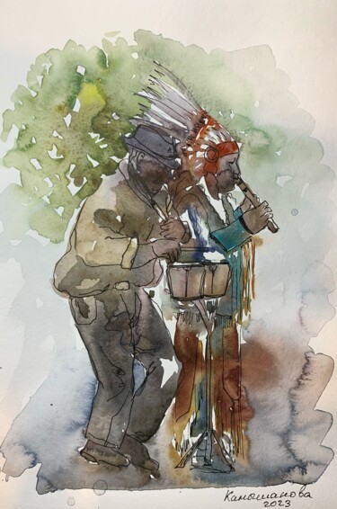 Malerei mit dem Titel "Street musicians. I…" von Daria Kamishanova, Original-Kunstwerk, Aquarell