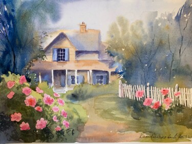 Painting titled "Нouse with roses" by Daria Kamishanova, Original Artwork, Watercolor