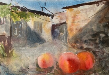 Malerei mit dem Titel "Kond and peaches" von Daria Kamishanova, Original-Kunstwerk, Aquarell