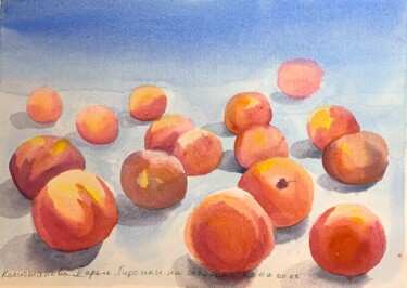 Pintura intitulada "Peaches on blue and…" por Daria Kamishanova, Obras de arte originais, Aquarela