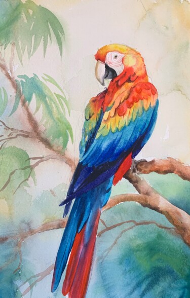 Schilderij getiteld "Rainbow parrot" door Daria Kamishanova, Origineel Kunstwerk, Aquarel
