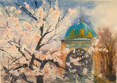 Pintura intitulada "Blue Mosque spring" por Daria Kamishanova, Obras de arte originais, Aquarela