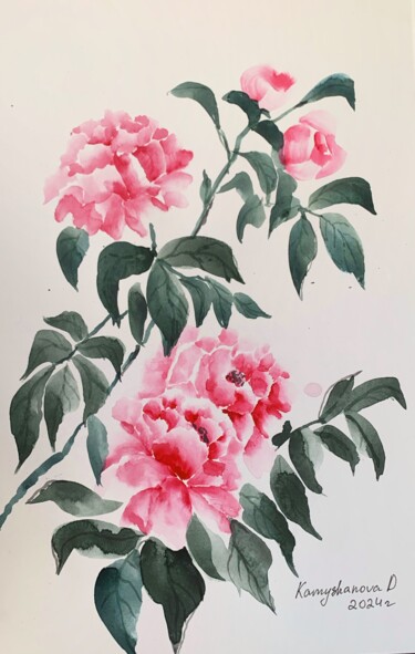 Peinture intitulée "Peonies in the Wu-x…" par Daria Kamishanova, Œuvre d'art originale, Aquarelle