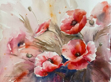 Painting titled "Poppies (2024)" by Daria Kamishanova, Original Artwork, Watercolor