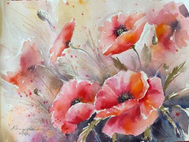 Schilderij getiteld "Poppies 2 (2024)" door Daria Kamishanova, Origineel Kunstwerk, Aquarel