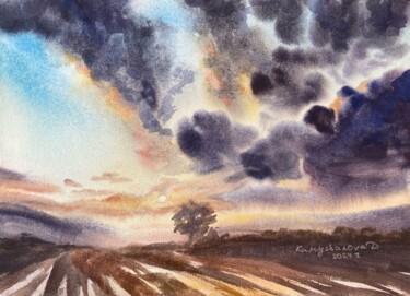 Schilderij getiteld "Sunset after rain" door Daria Kamishanova, Origineel Kunstwerk, Aquarel