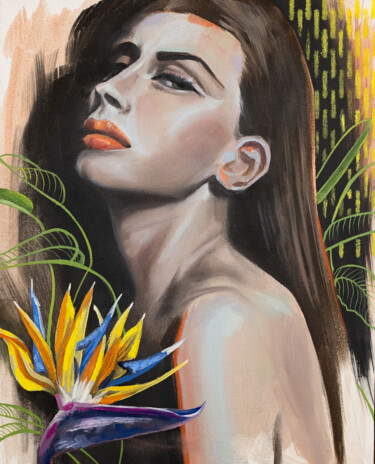 Pintura titulada "Girl and strelitzia…" por Daria Shalik, Obra de arte original, Oleo Montado en Bastidor de camilla de made…